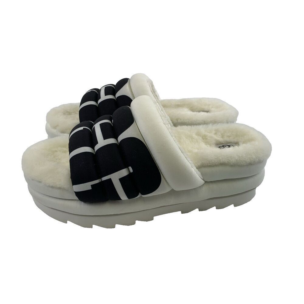 Ugg Maxi Slide Logo Sandal Platform Slip On White Sheepskin Line 1127067 Women 9